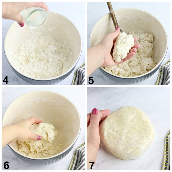 4 process photos of making dough in a mixing bowl. 