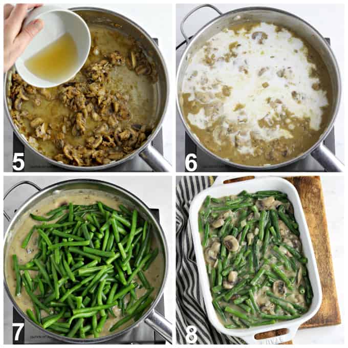 4 process photos of thickening the sauce and adding green beans. 
