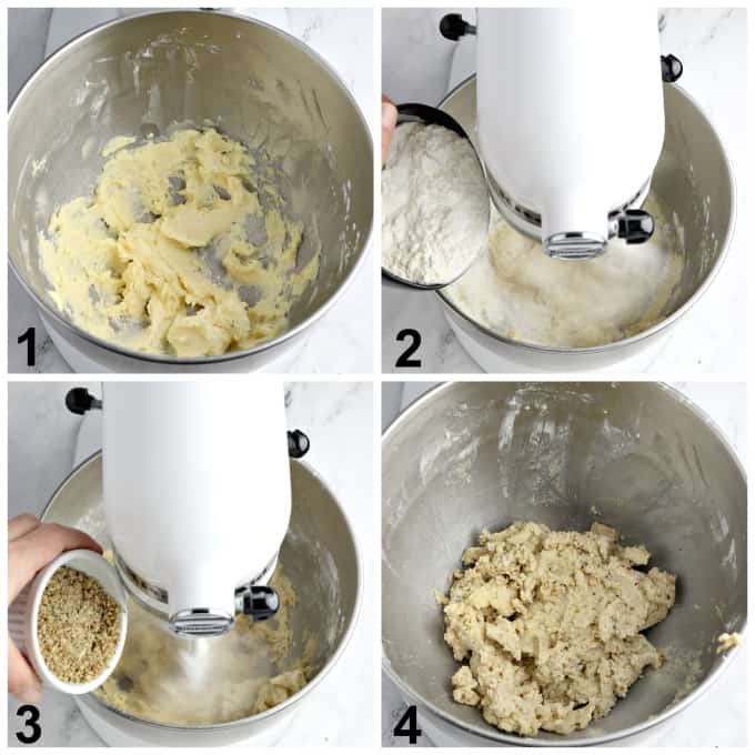 4 process photos of making dough in a stand mixer. 