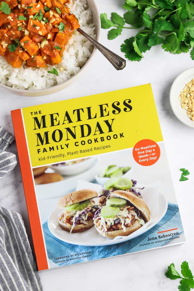 meatless monday cookbook on a table top.