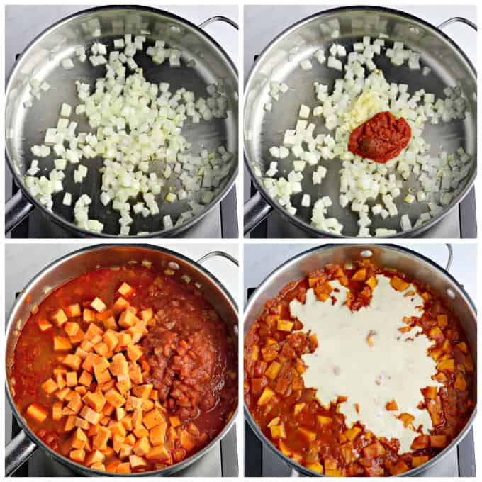 Four process photos of cooking curry in a pan. 