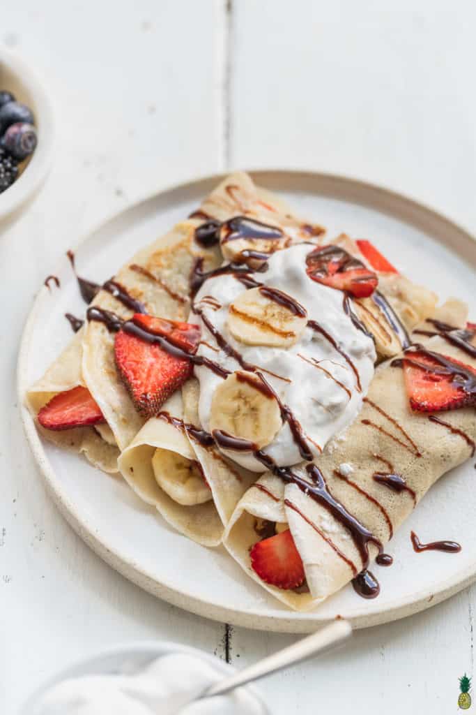 3 crepes on a white plate for vegan valentine's recipes collage