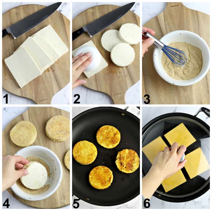 Six process photos of preparing tofu and frying in a pan. 