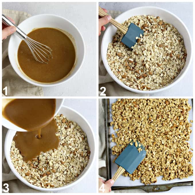 4 process photos of mixing ingredients in a bowl and spreading mixture onto a baking sheet.