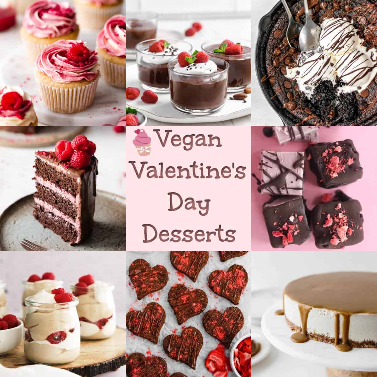 Photo collages of vegan valentine's dessert recipes. 