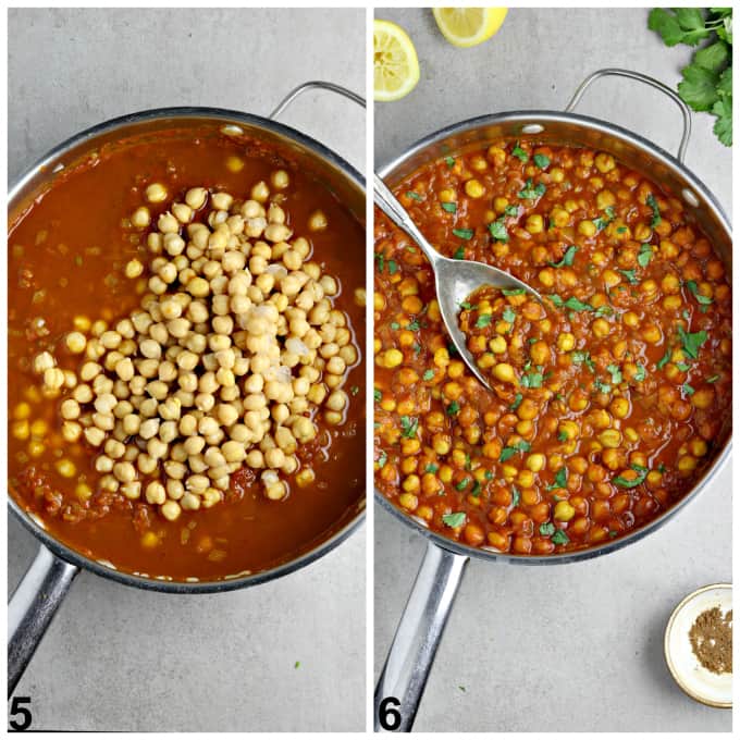 Two process photos of finishing the sauce in a pan. 