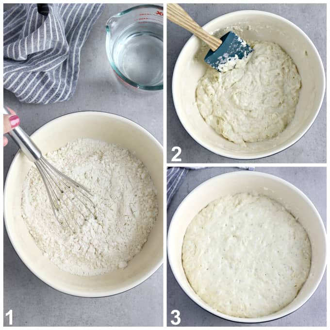 3 process photos of mixing dough together in a bowl. 