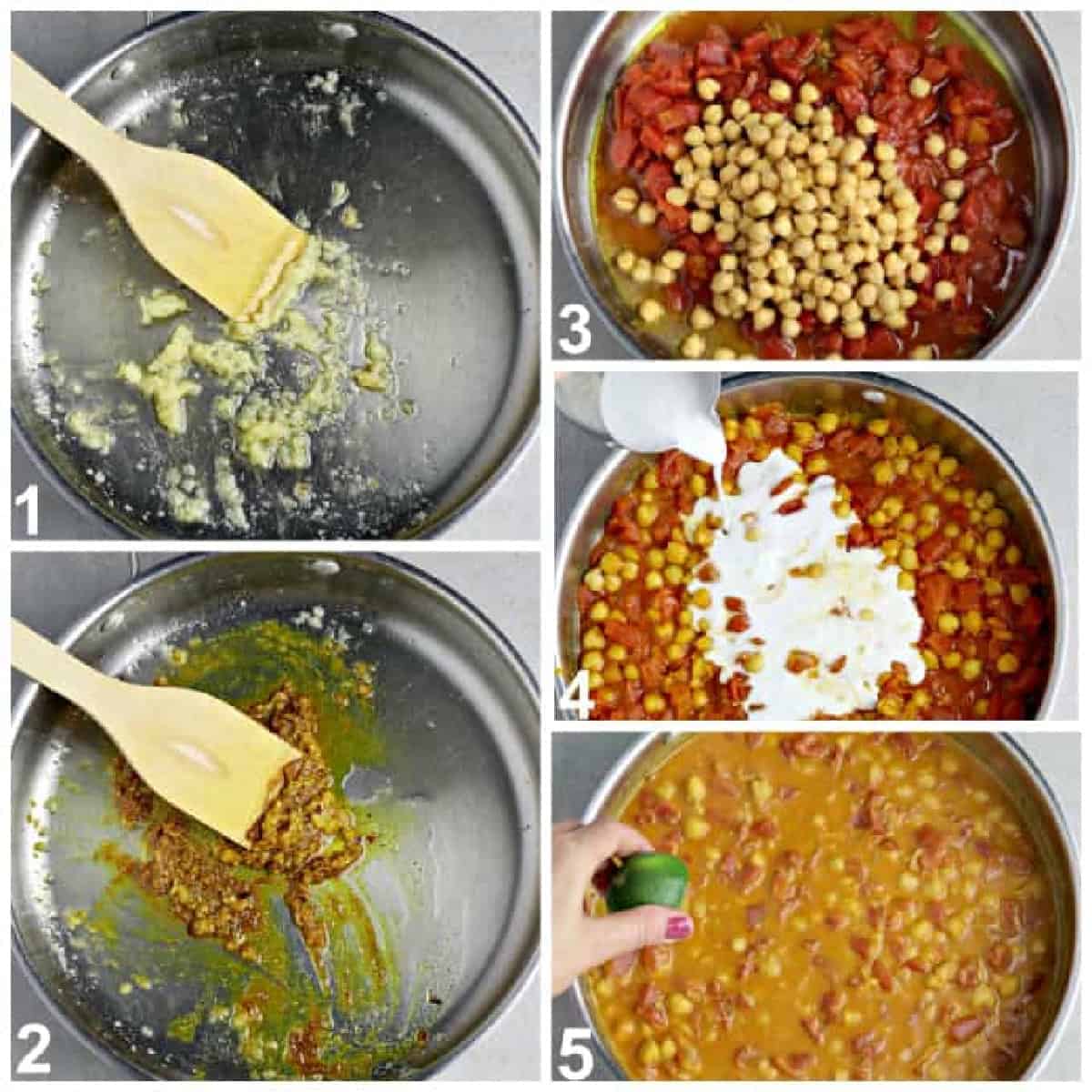 This is the easiest Vegan Chickpea Curry you'll ever make! It calls for pantry staples and it takes 30 minutes on the stove. Plus, it's full of mouth-watering flavor and it's all made in one pan, too! Five process photos of sautéing garlic, ginger and spices then simmering sauce.