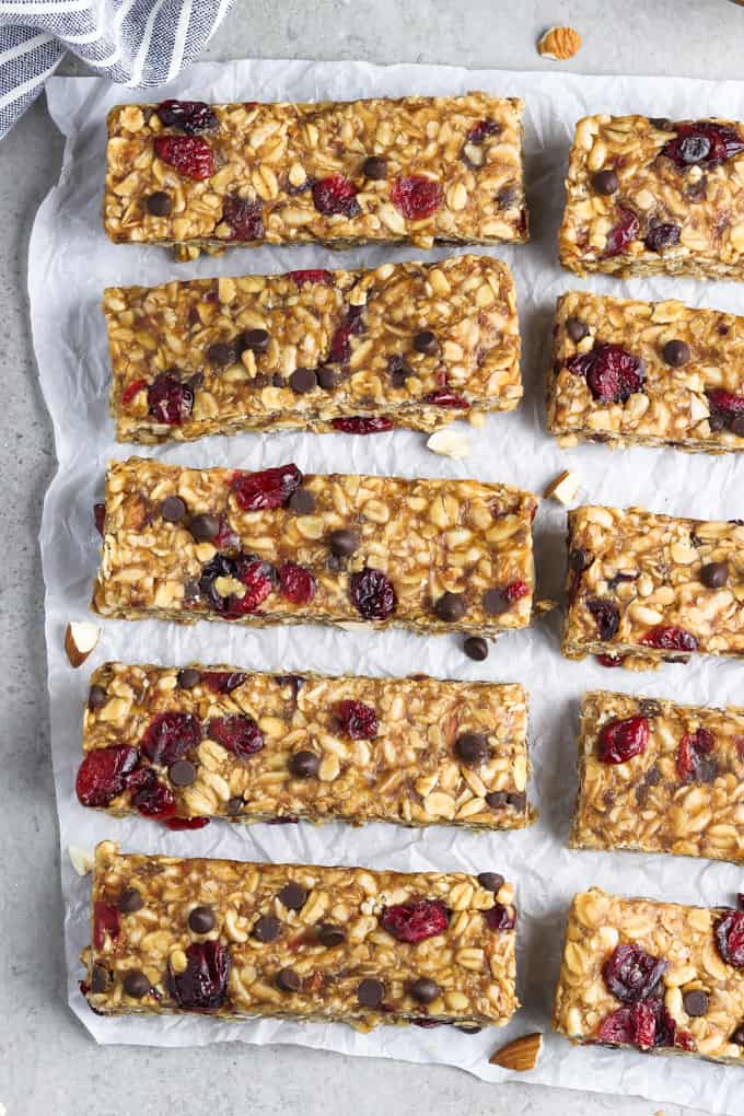 overhead view of 8 vegan granola bars on parchment paper. 