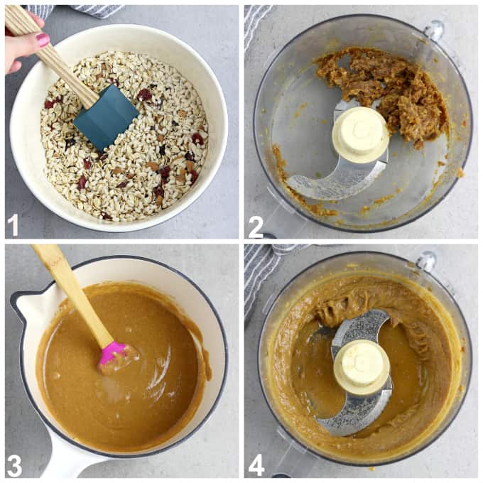 4 process photos of mixing dry and wet ingredients. 
