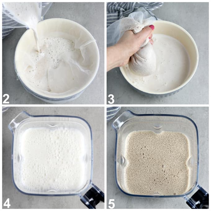 4 process photos of straining nut milk and blending. 