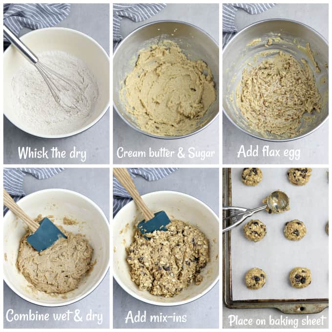 6 process photos of making cookie batter in a bowl.