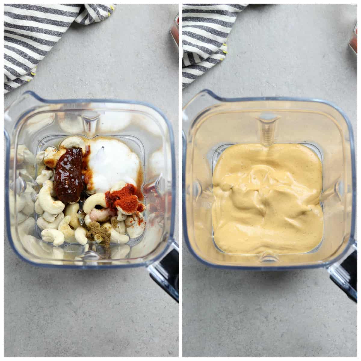 Two photos displaying how to combine ingredients in a blender.