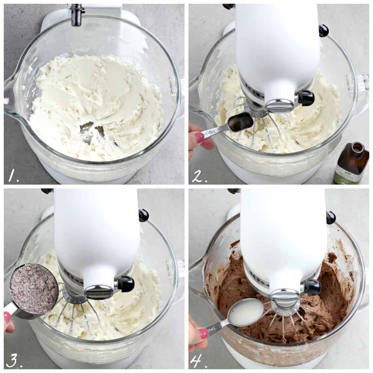 4 process photos of making chocolate frosting in a stand mixer. 