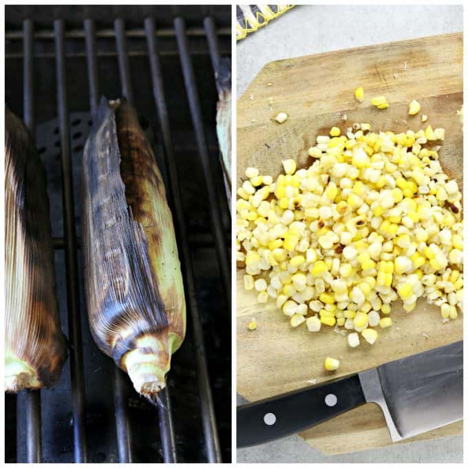 2 process photos. One grilling corn and the other cutting corn. 