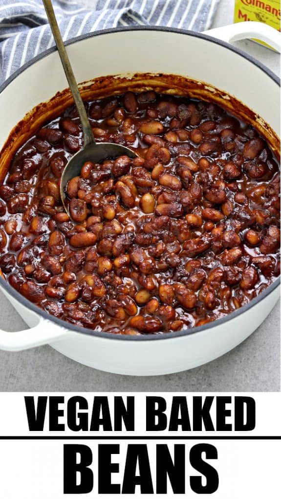 over head view of baked beans in a white pot. Photo for pinning purposes.