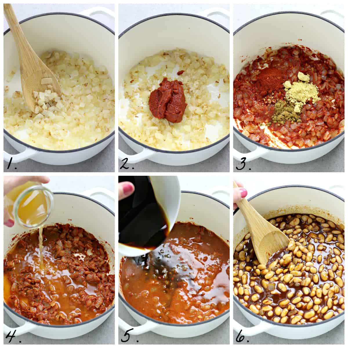 6 various process photos of cooking beans in a white pot.