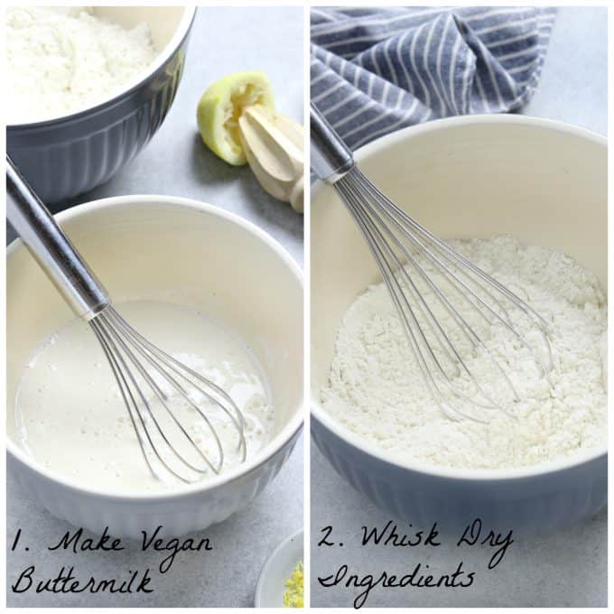 2 process photos of whisking ingredients in a bowl 