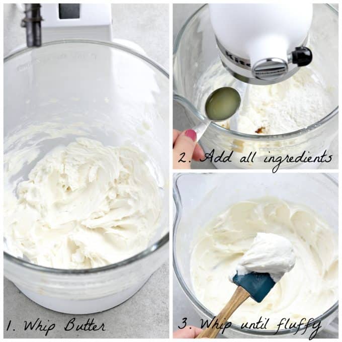 3 process photos of making vegan buttercream in a stand mixer. 