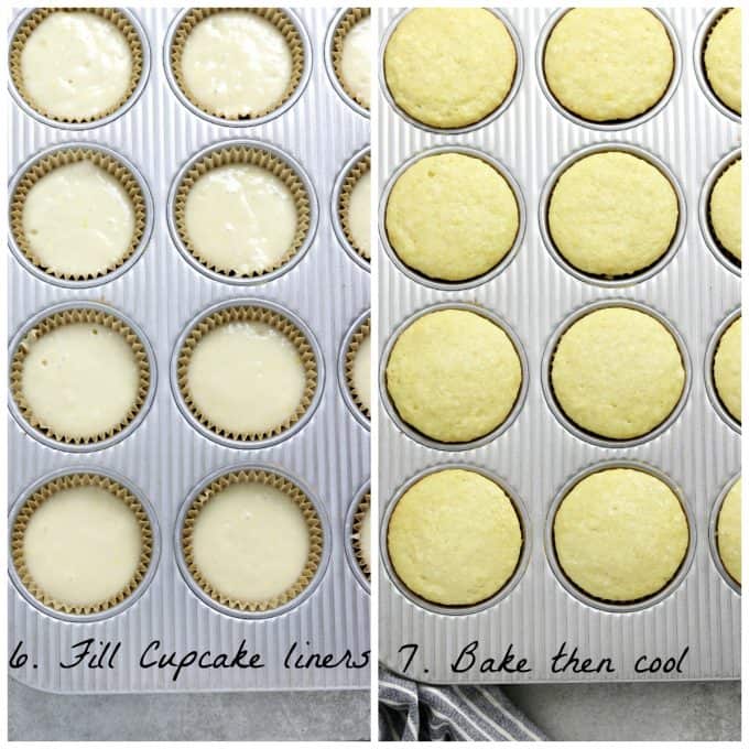 2 process photos of raw batter in a baking tin and fully baked cupcakes in a tin. 