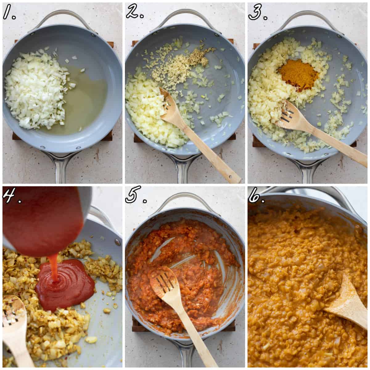 Six process photos showing how to make the recipe in a pan. 