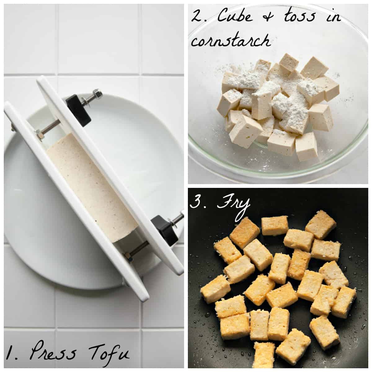 3 process photos of pressing tofu, tossing in cornstarch and frying in a pan. 