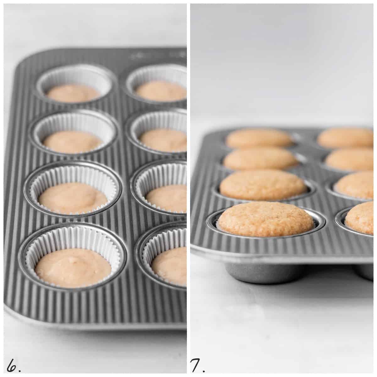 Two process photos showing raw batter in a muffin tin and one photo showing it fully baked.