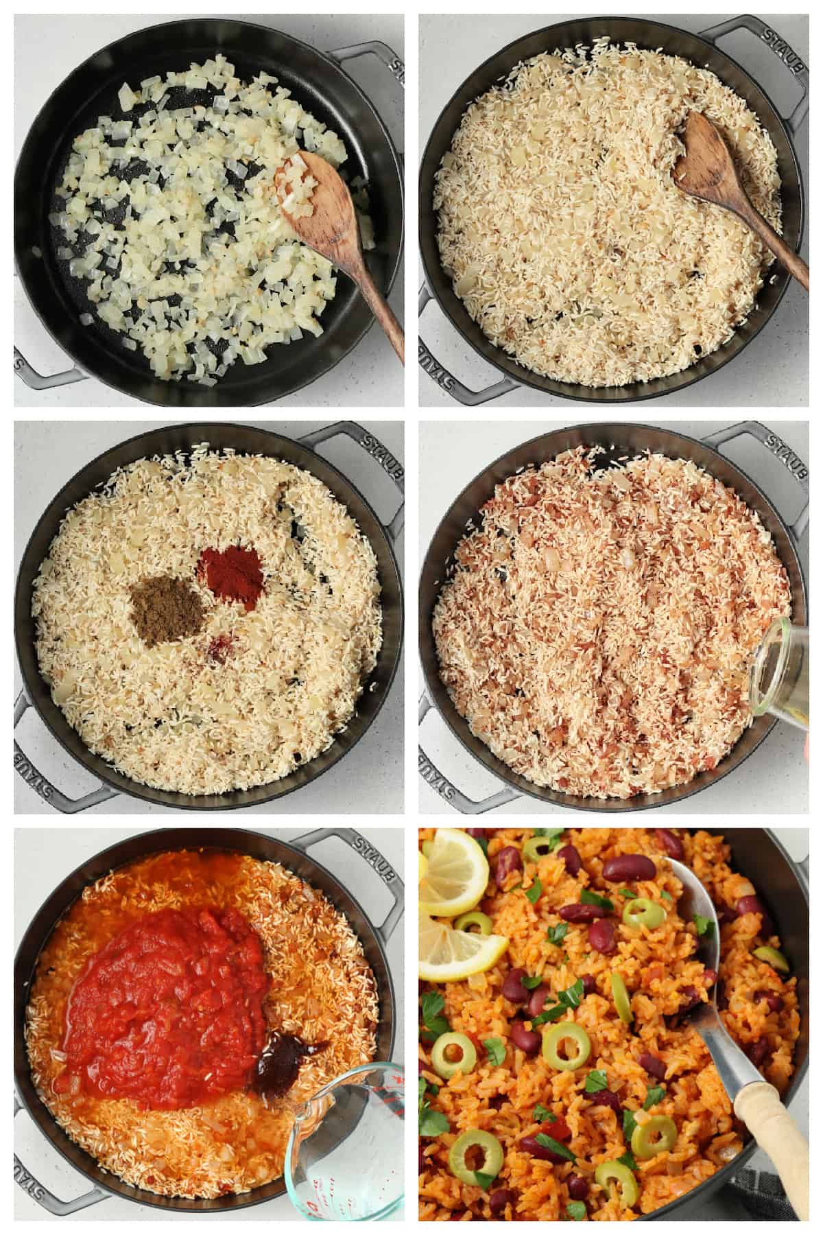 6 process photos showing how to cook the rice. 