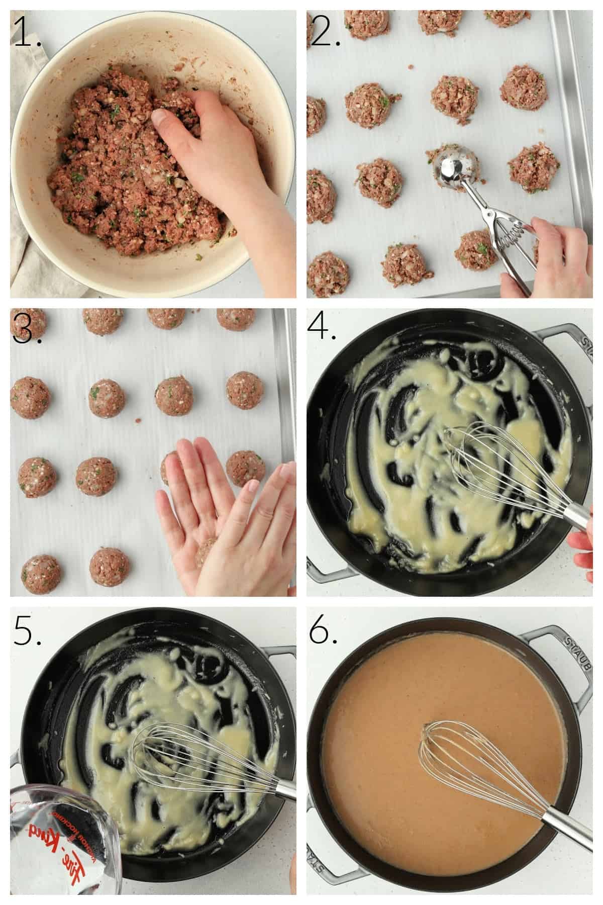 six process photos of forming the meatballs and making the sauce. 