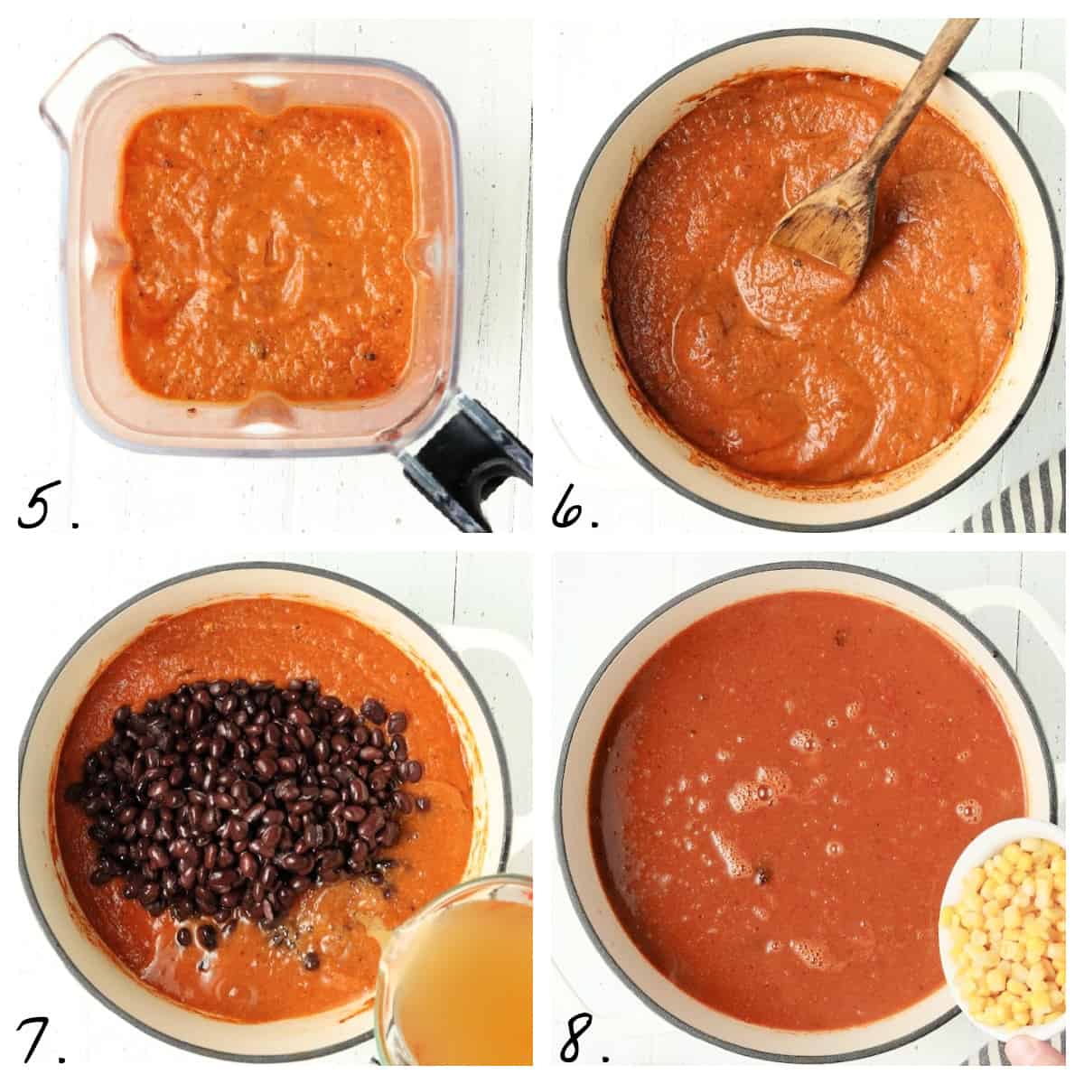 4 process photos of blending sauce, adding beans, and simmering in a pot. 