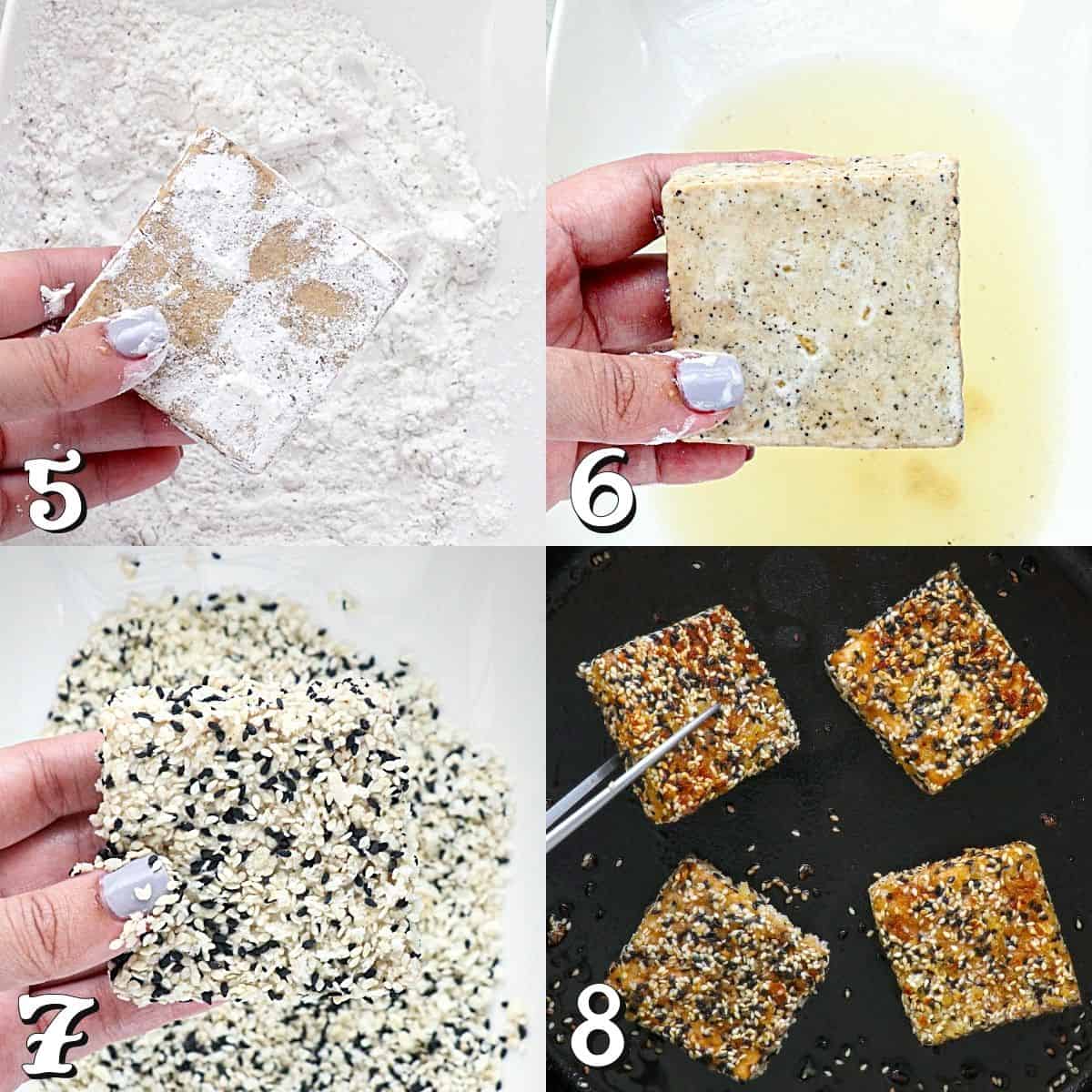4 process photos of breading and frying tofu. 