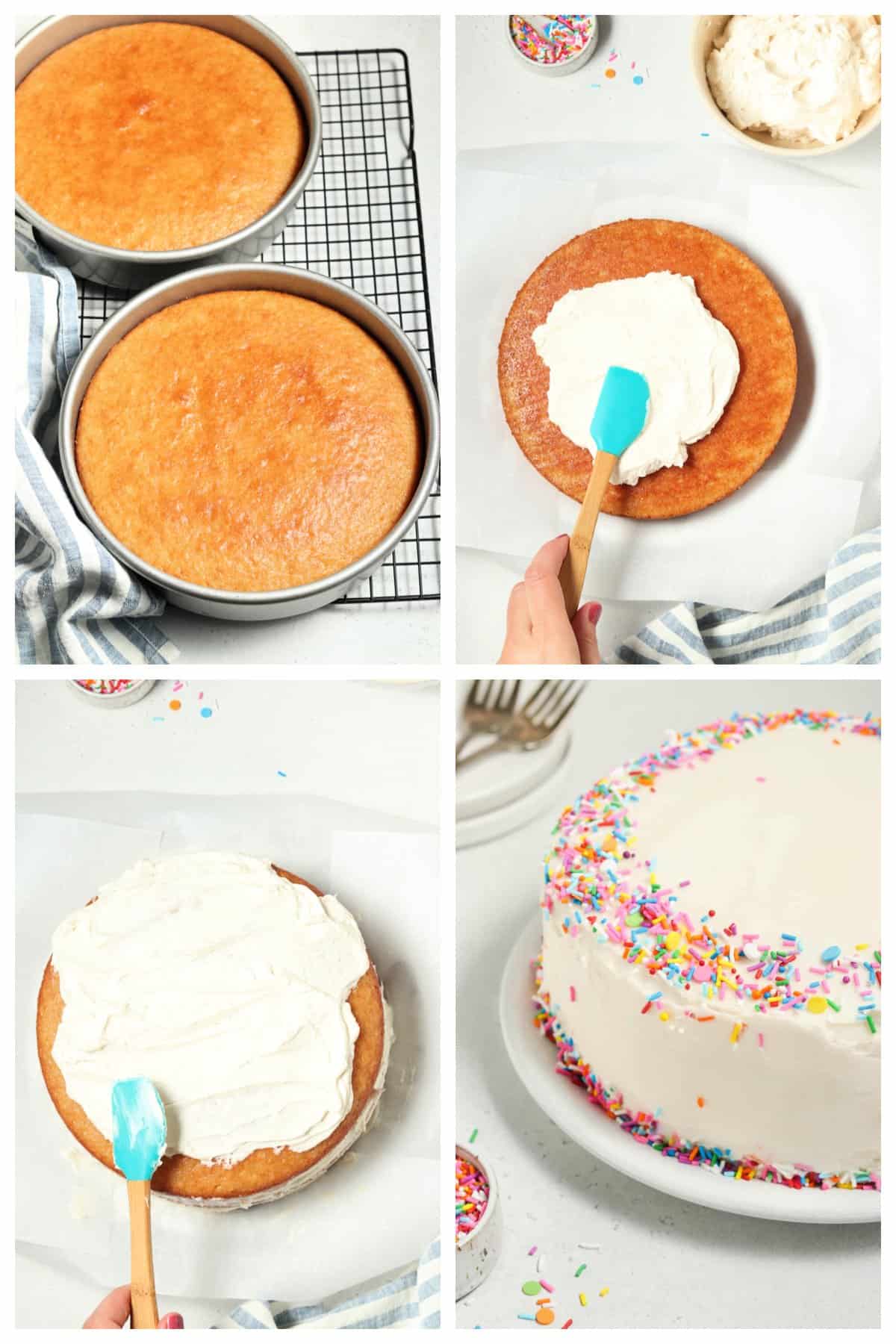 Four process photos of decorating cake with frosting. 