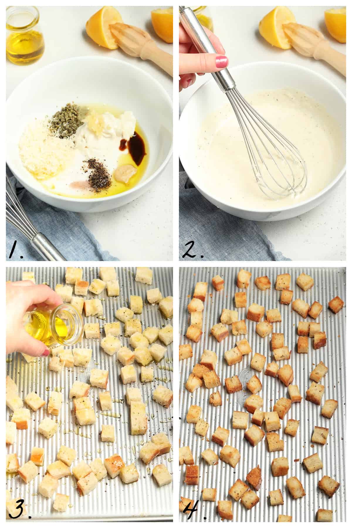 Four process photos of making dressing and baking croutons. 