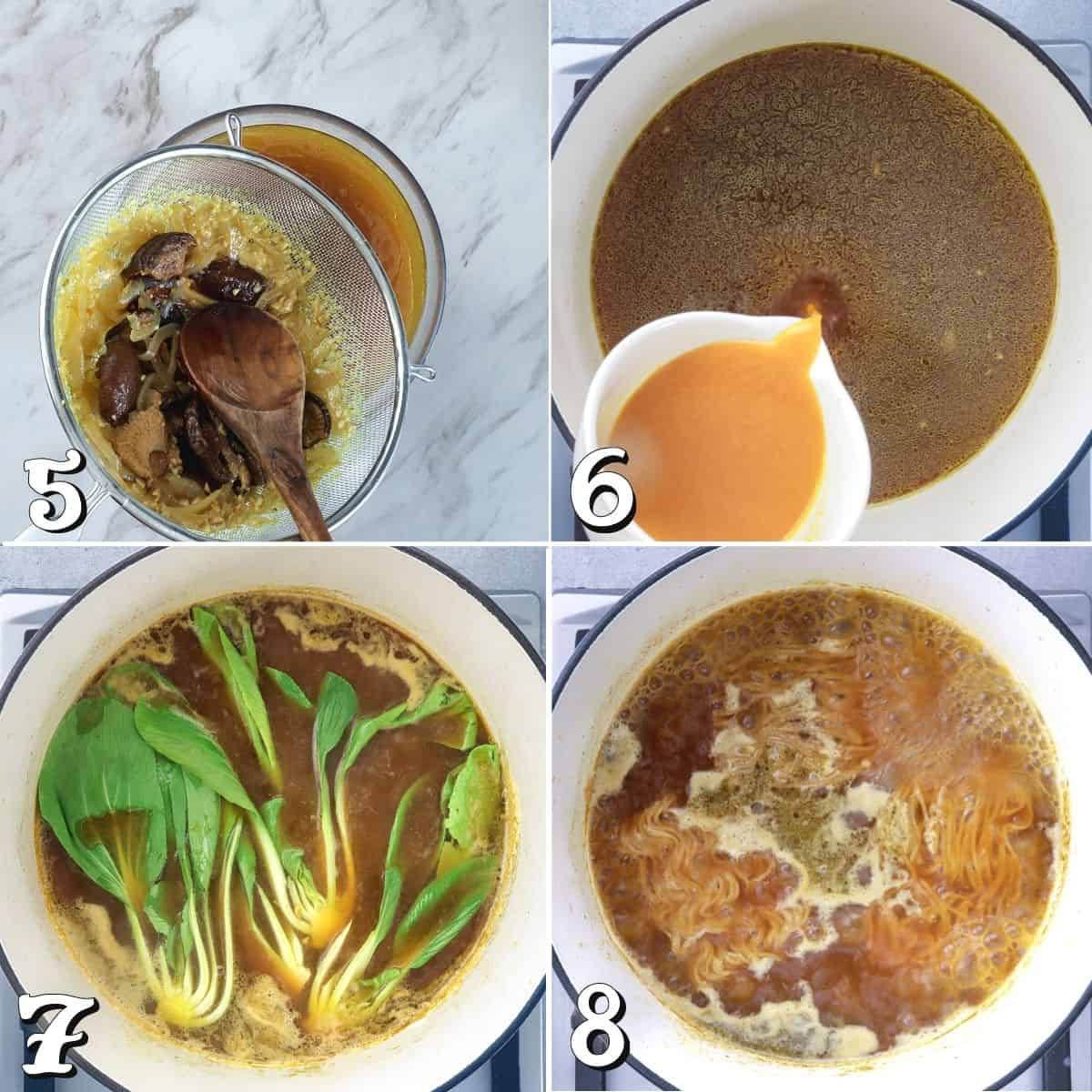 4 process photos of preparing the broth and bok choy in a pot. 