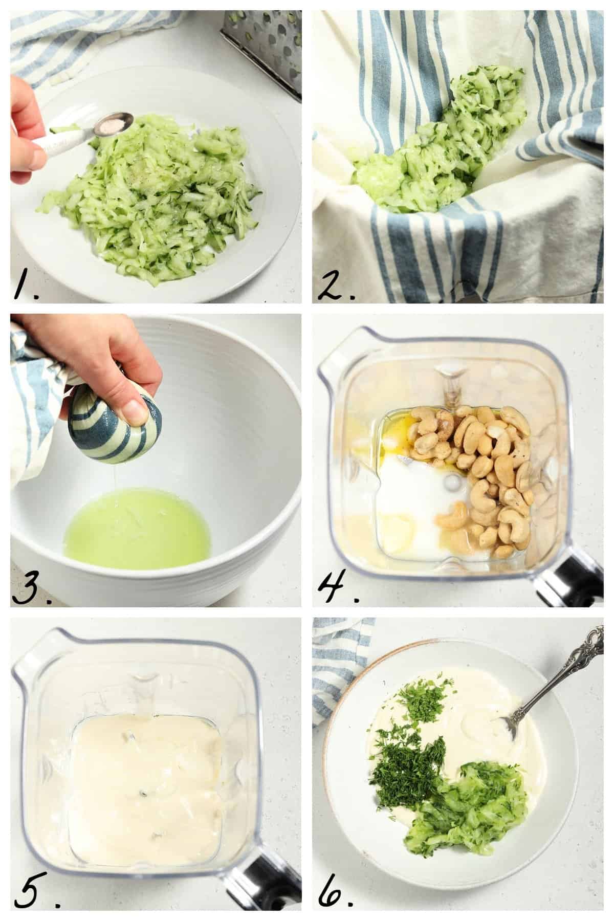 6 process photos showing how to make tzatziki.