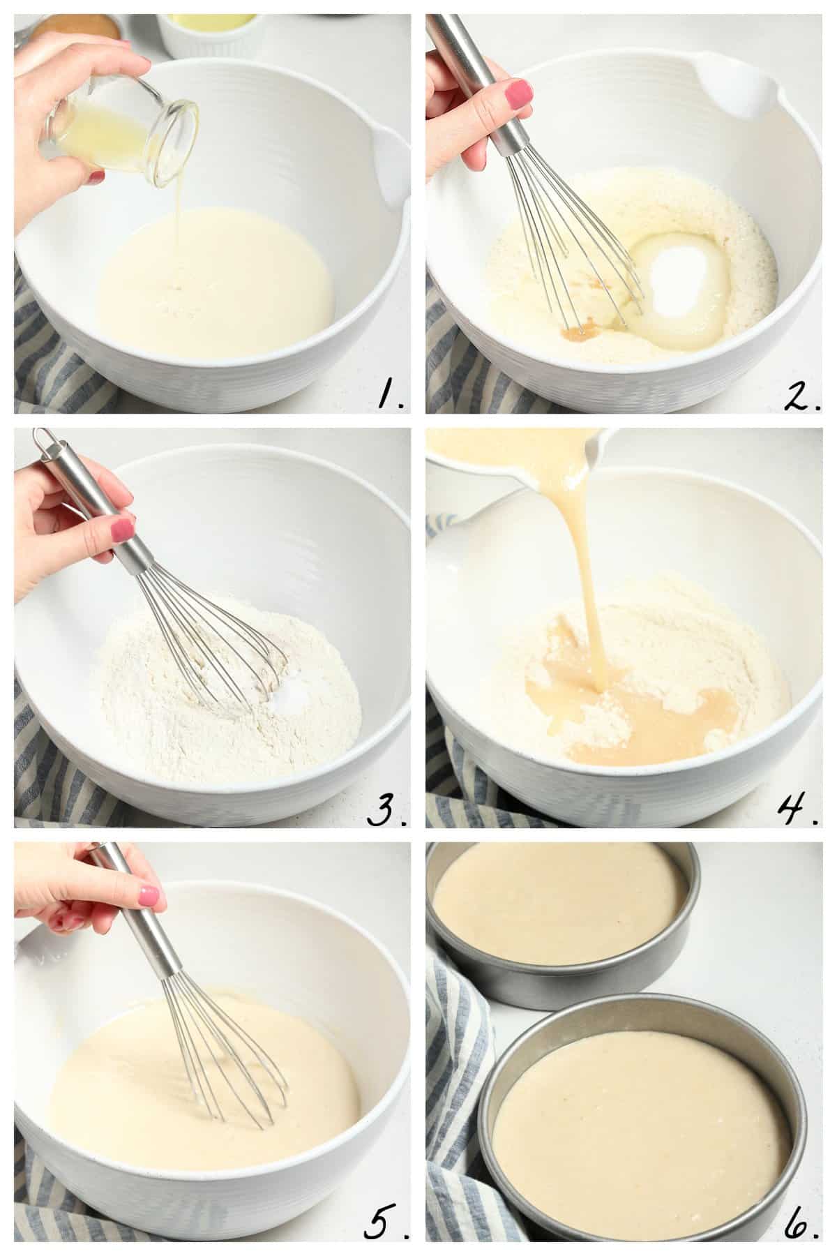 six process photos of mixing cake batter in a mixing bowl.