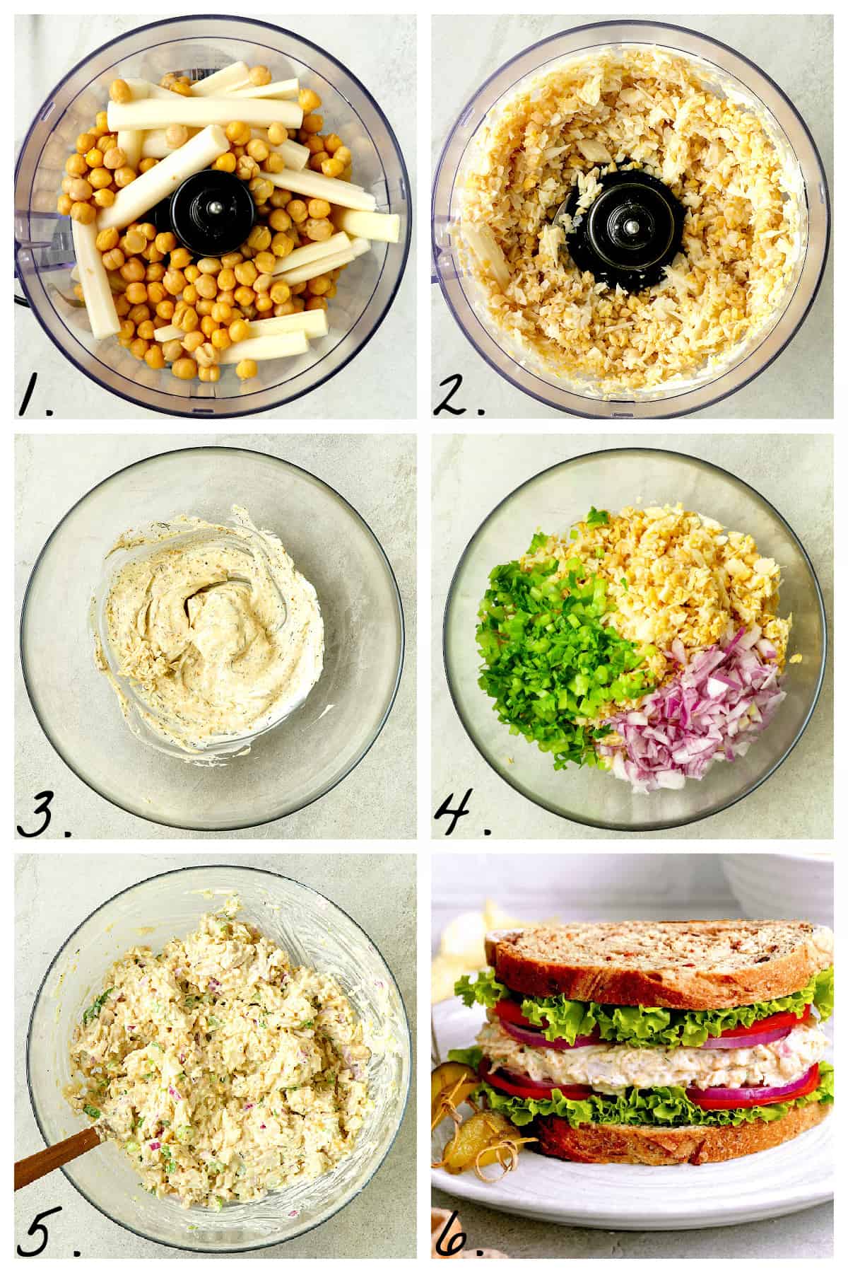Six process photos showing how to make the sandwich filling. 