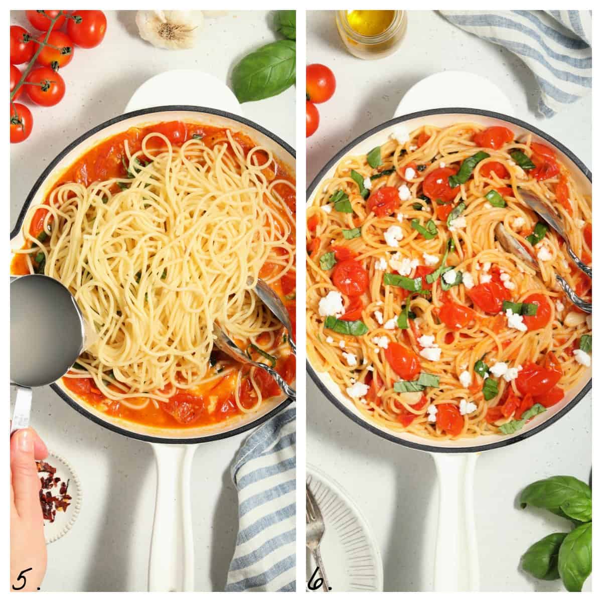 Two process photos of tossing pasta in sauce. 