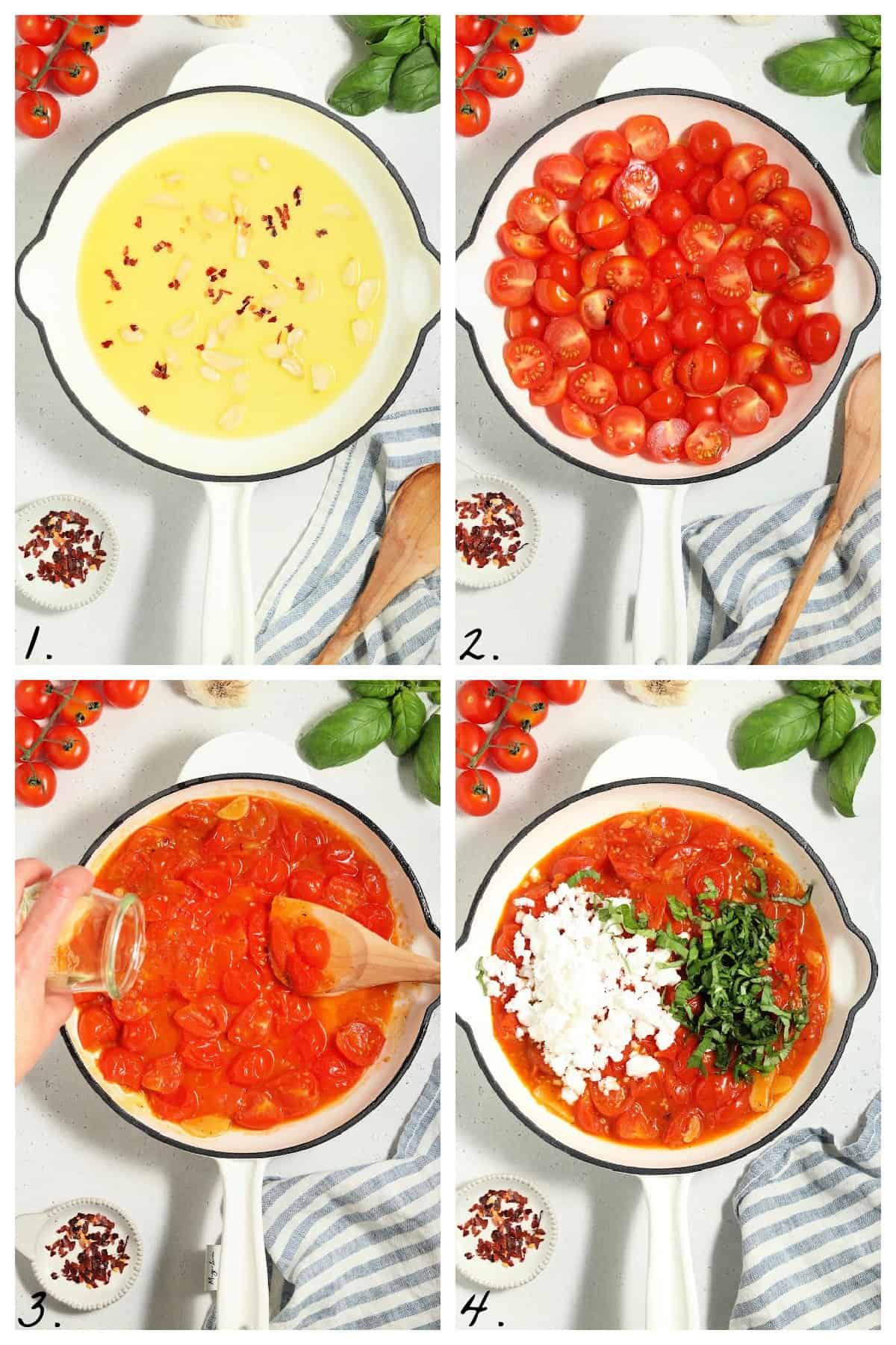 4 process photos of making tomato sauce in a white skillet. 