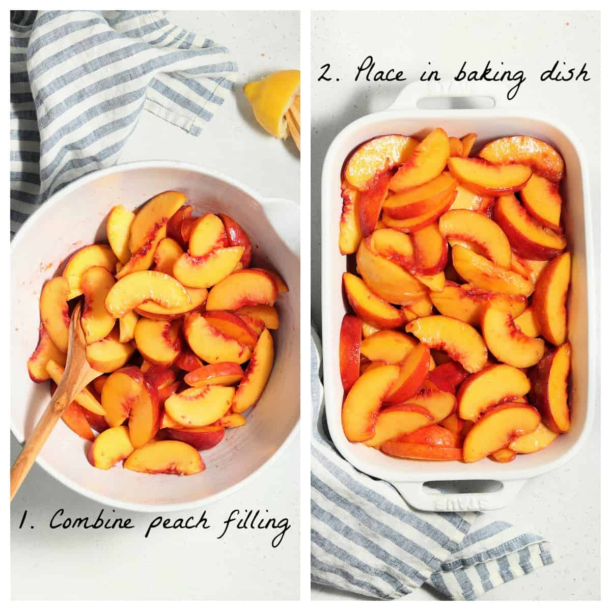 Two process photos o mixing the peaches with sugar and placing them in a baking dish.