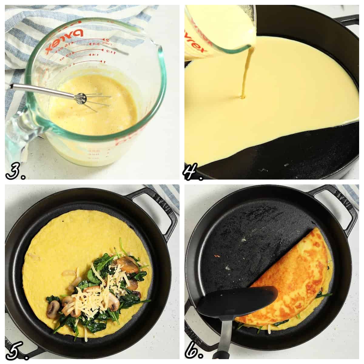 Four process photos of whisking mixture then cooking it in a pan. 