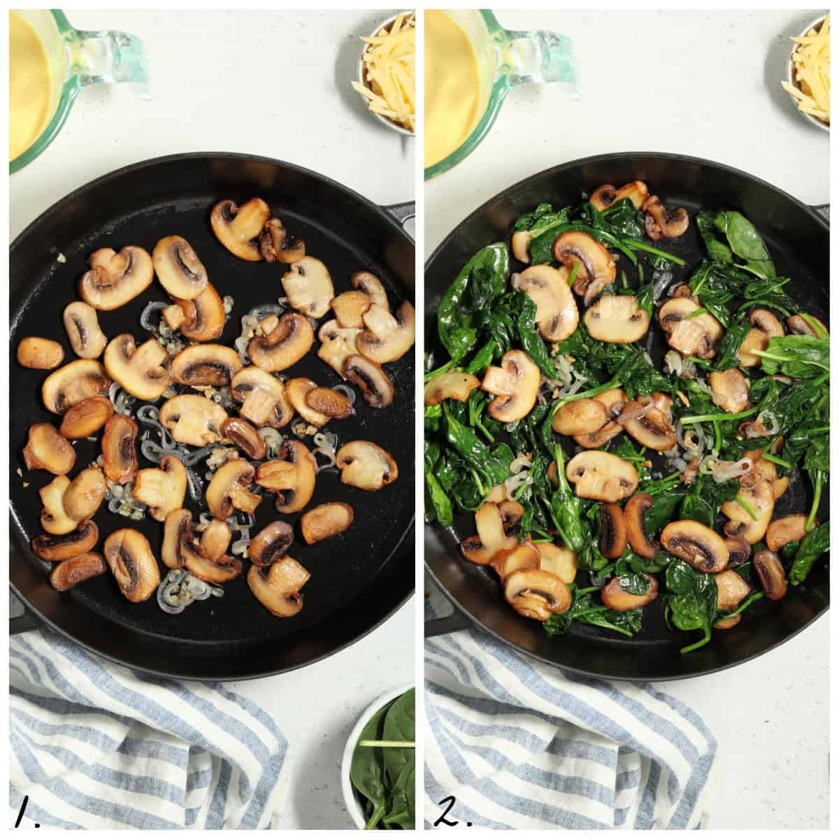 Two process photos of cooking the filling in a pan. 