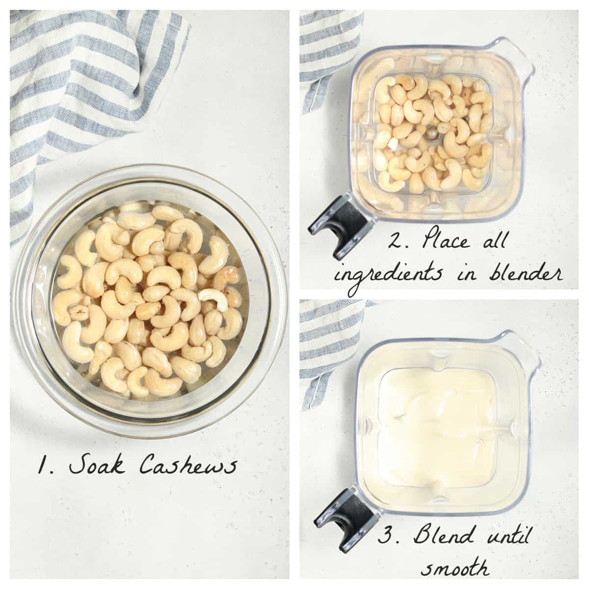 Three process photos showing cashews soaking and then blending until creamy. 