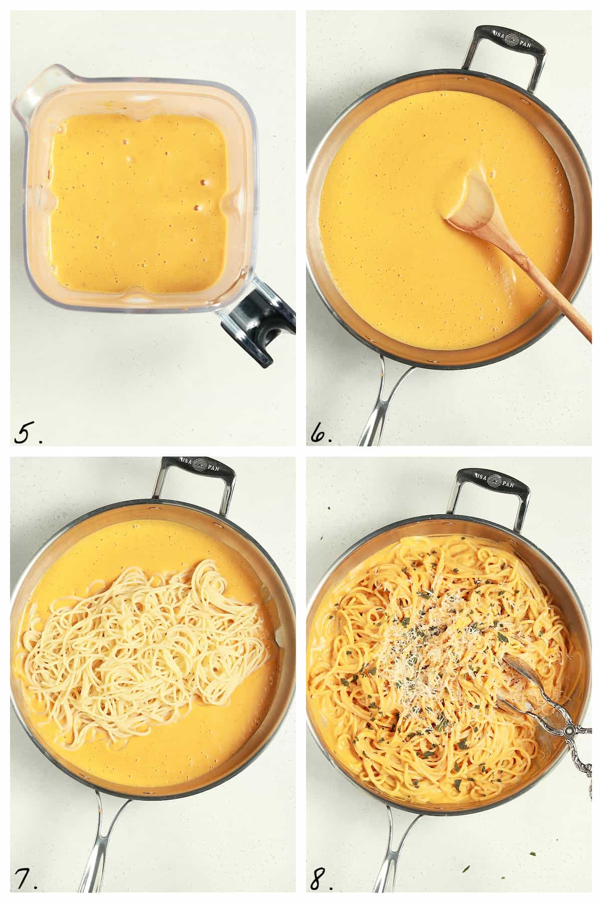 Four process photos of blending sauce and cooking the sauce with the pasta. 