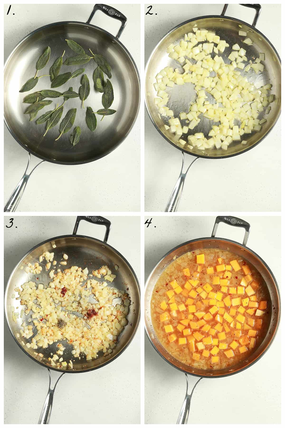 Four process photos of frying sage, sautéing onions and garlic, and cooking squash in broth. 