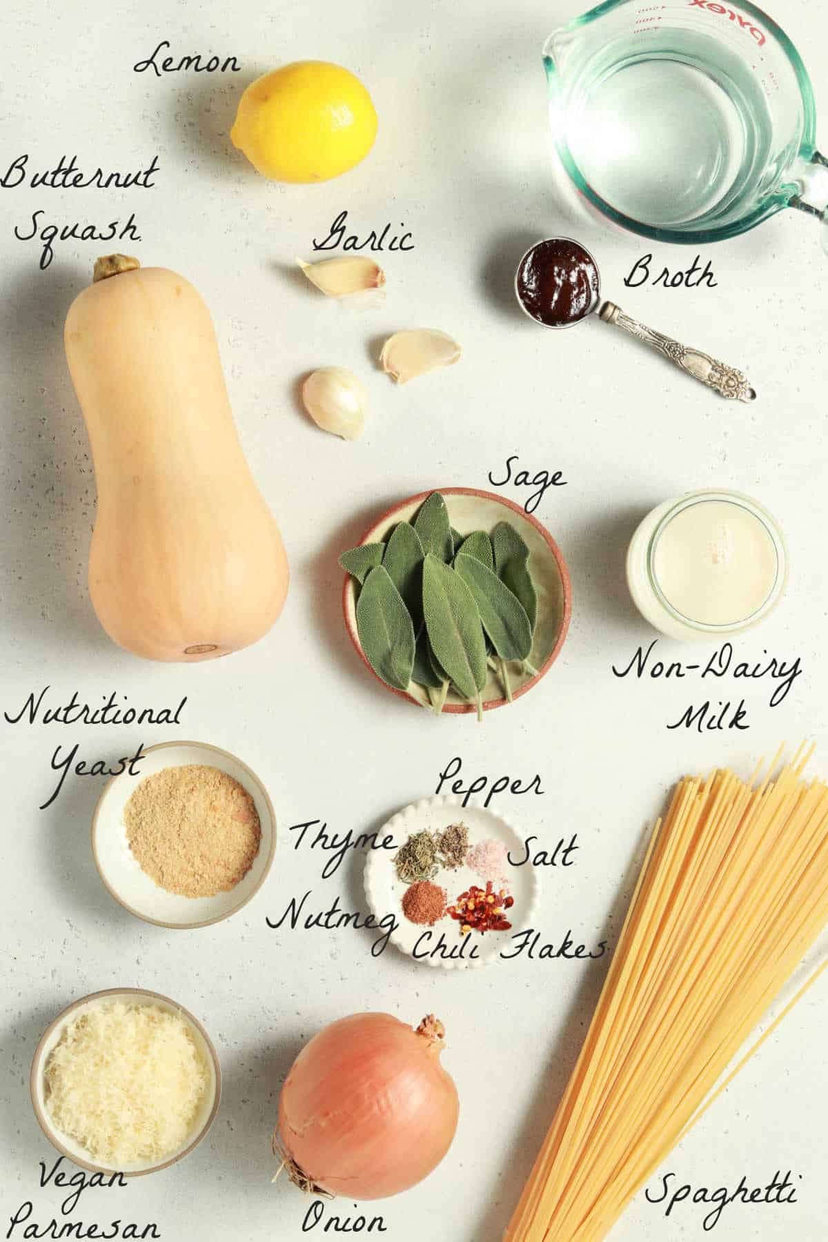 All ingredients needed to make the pasta recipe. 