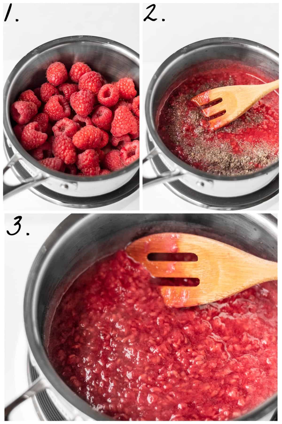 Three process photos of cooking down fresh berries in a saucepan.