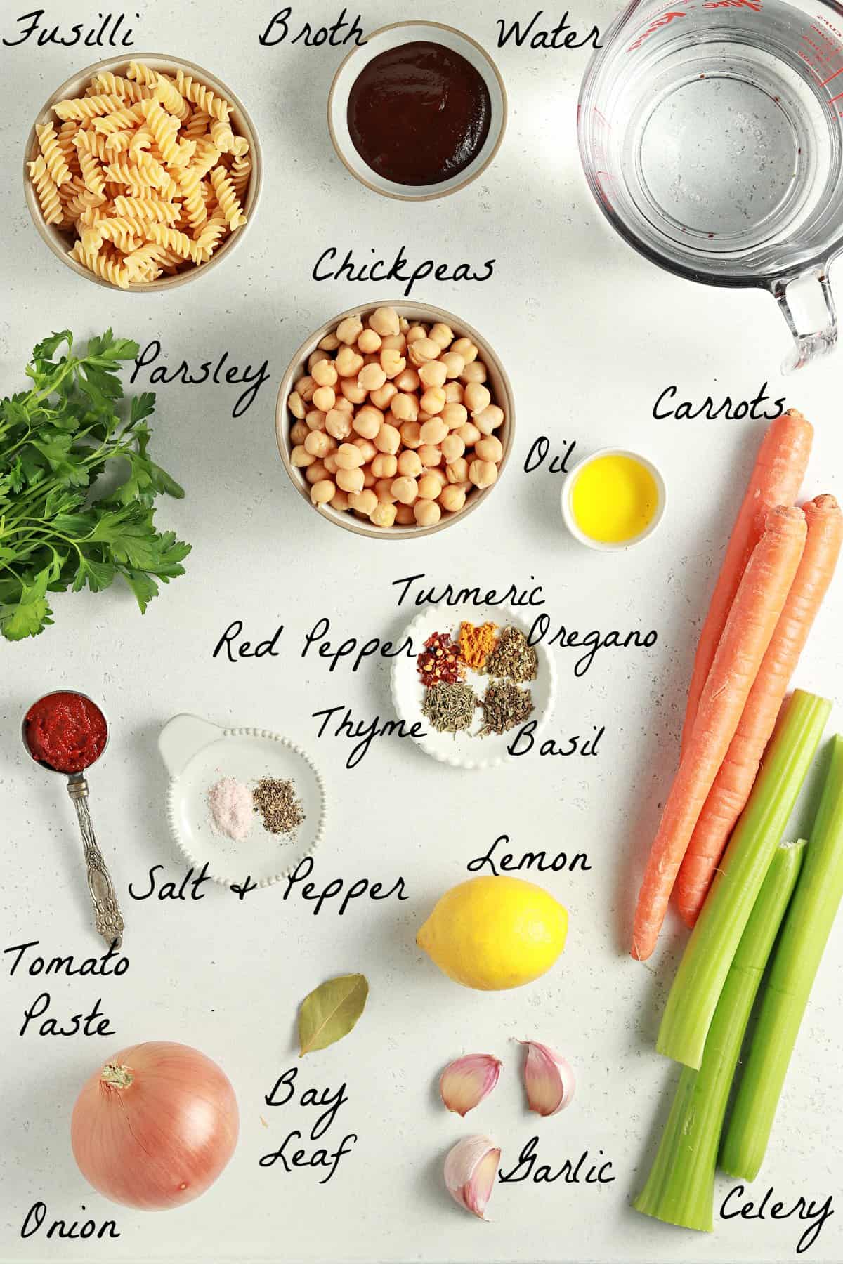 Ingredients to make the noodle soup on a table top. 