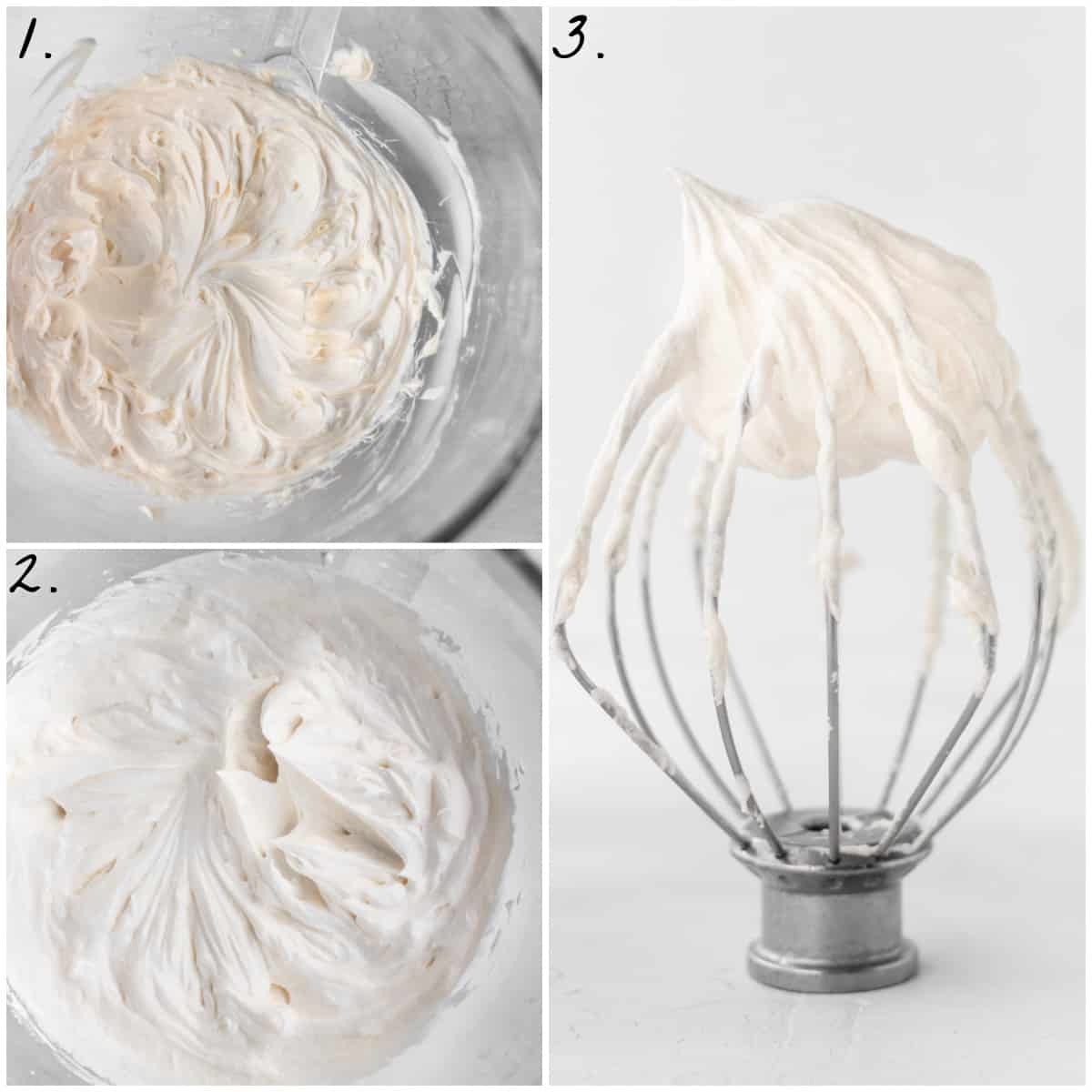 3 process photos of making frosting in a stand mixer. 