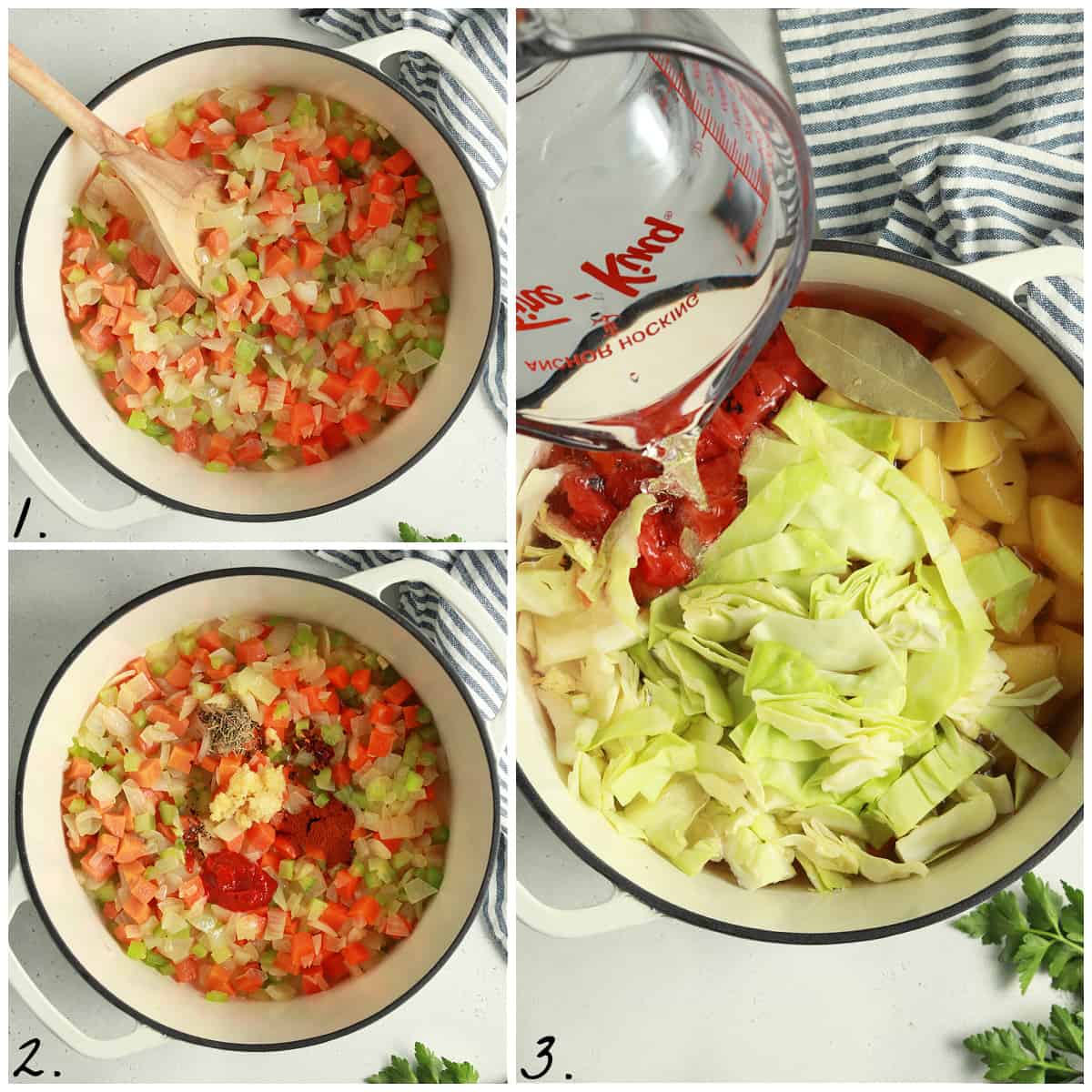 3 process photos of sautéing vegetables, adding spices, then remaining ingredients. 